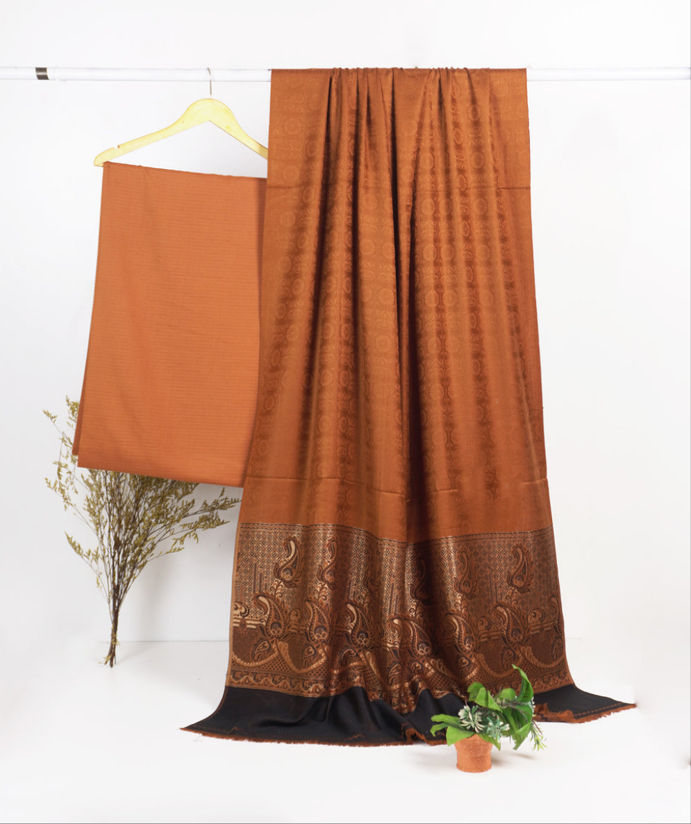 3PC BANA DORA MARINA WITH JAQUARD WOOL SHAWL EXPORT QUALITY WINTER COLLECTION (RUST COLOR)