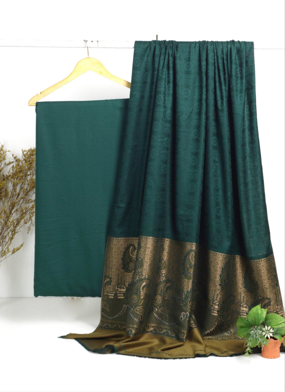 3PC BANA DORA MARINA WITH JAQUARD WOOL SHAWL EXPORT QUALITY WINTER COLLECTION (BOTTLE GREEN)