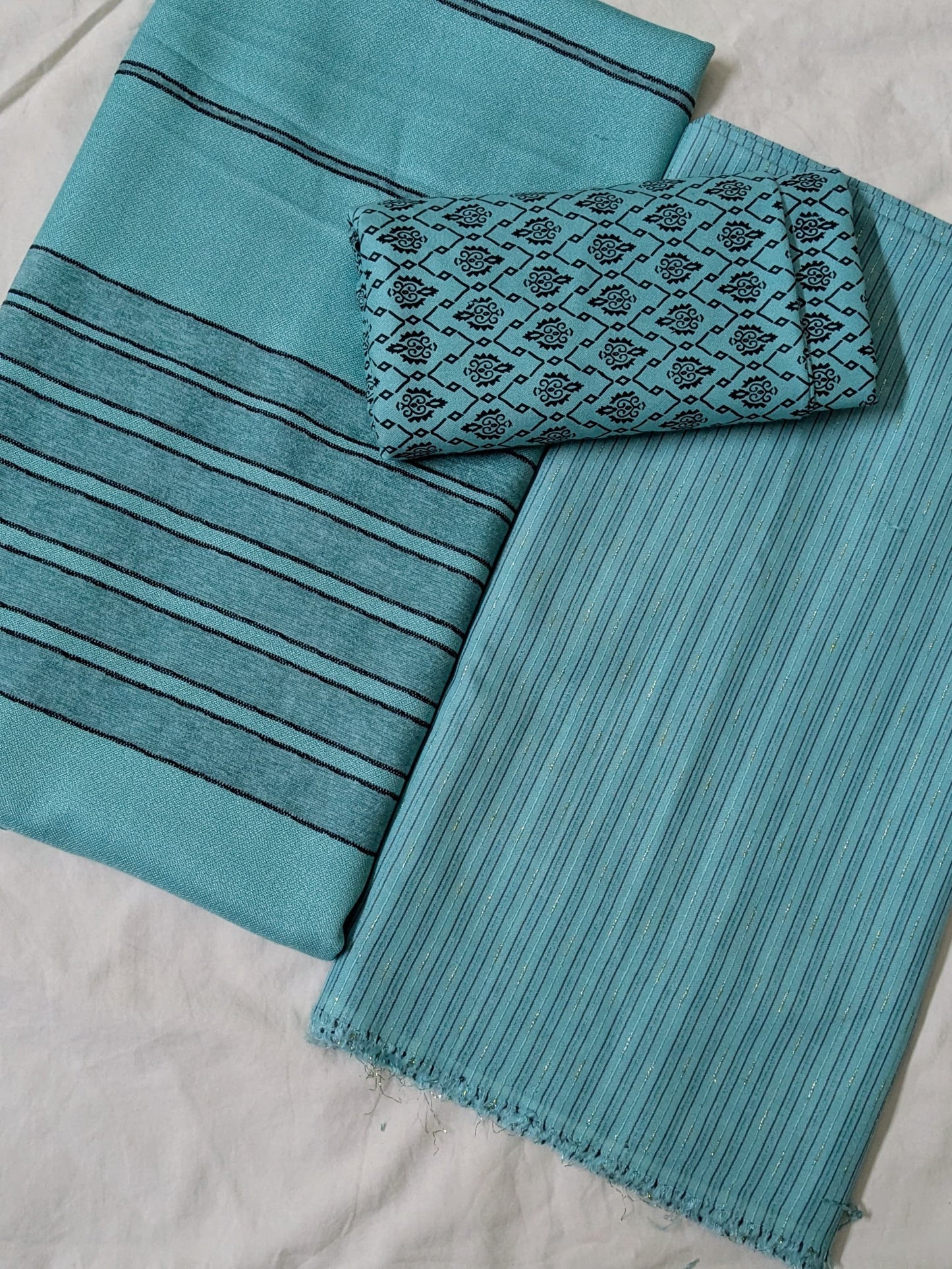 3PC ALPINE BLACK VELVET WINTER UNIQUE LUXURY ARTICLE WITH PRINTED TROUSER (AQUA COLOR)