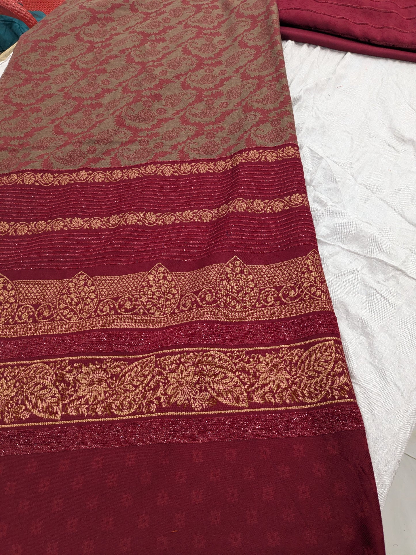 3PC KANI BORDER BANARSI WOOL SHAWL WITH SELF DESIGN SHIRT & TROUSER (MAHROON COLOR)