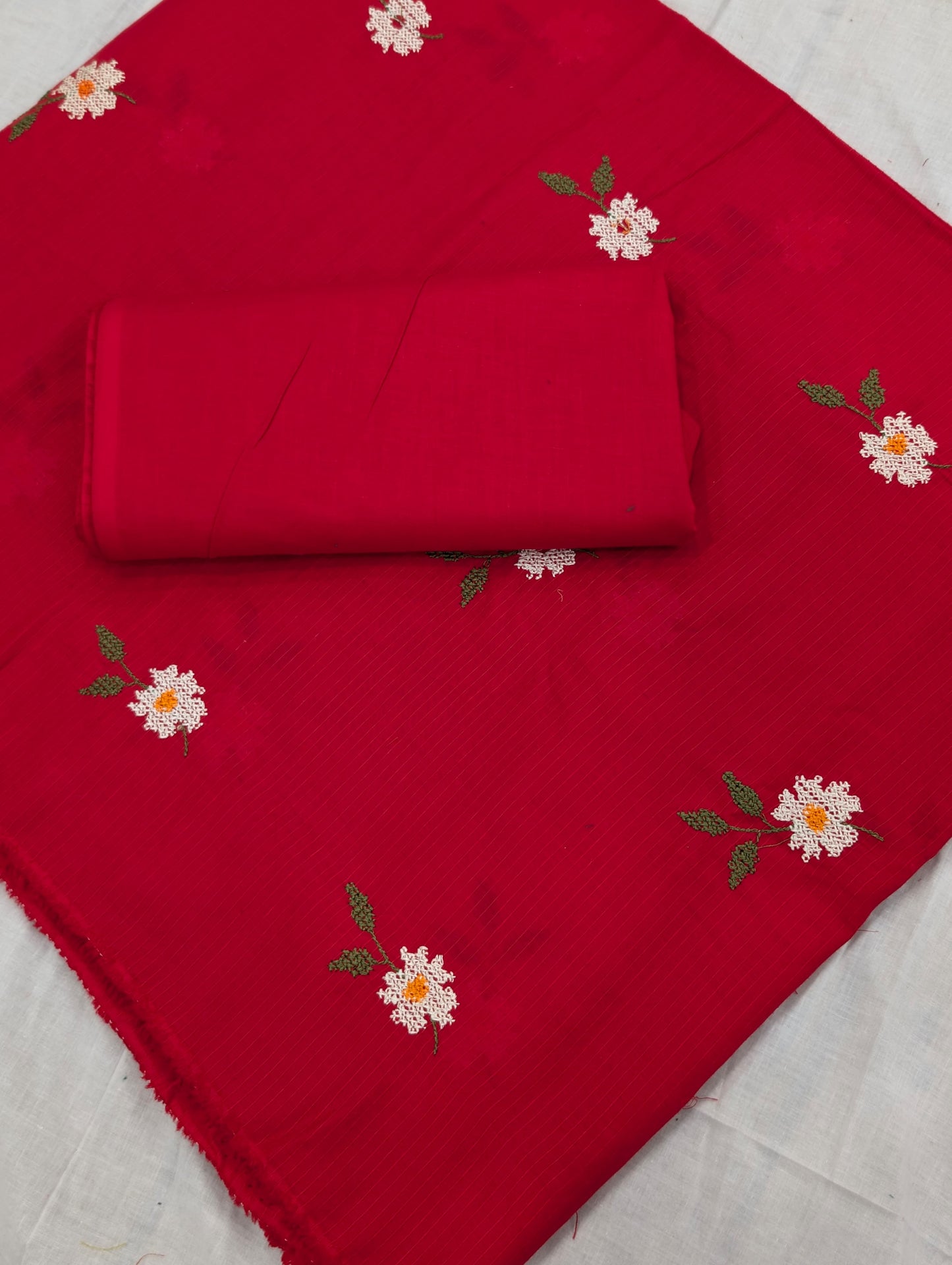 3PC BANA DORA EMBROIDED LAWN WITH BANARSI JAQUARD LAWN DUPATA PREMIUM QUALITY SUMMER COLLECTION (RED COLOR)