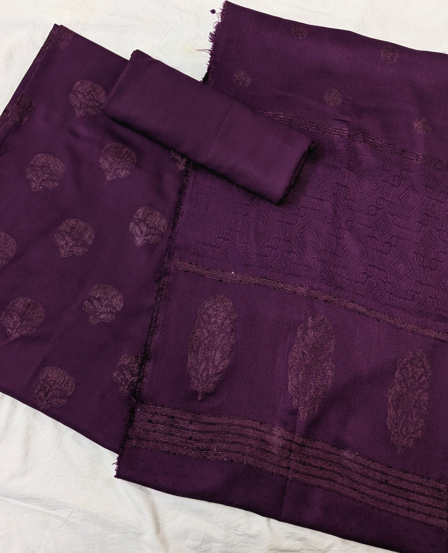 MARINA VELVET MOTIF (EMBOSSED DESIGN) 3PC WITH AMAZING QUALITY VELVET BROSHA SHAWL (PURPLE COLOR)