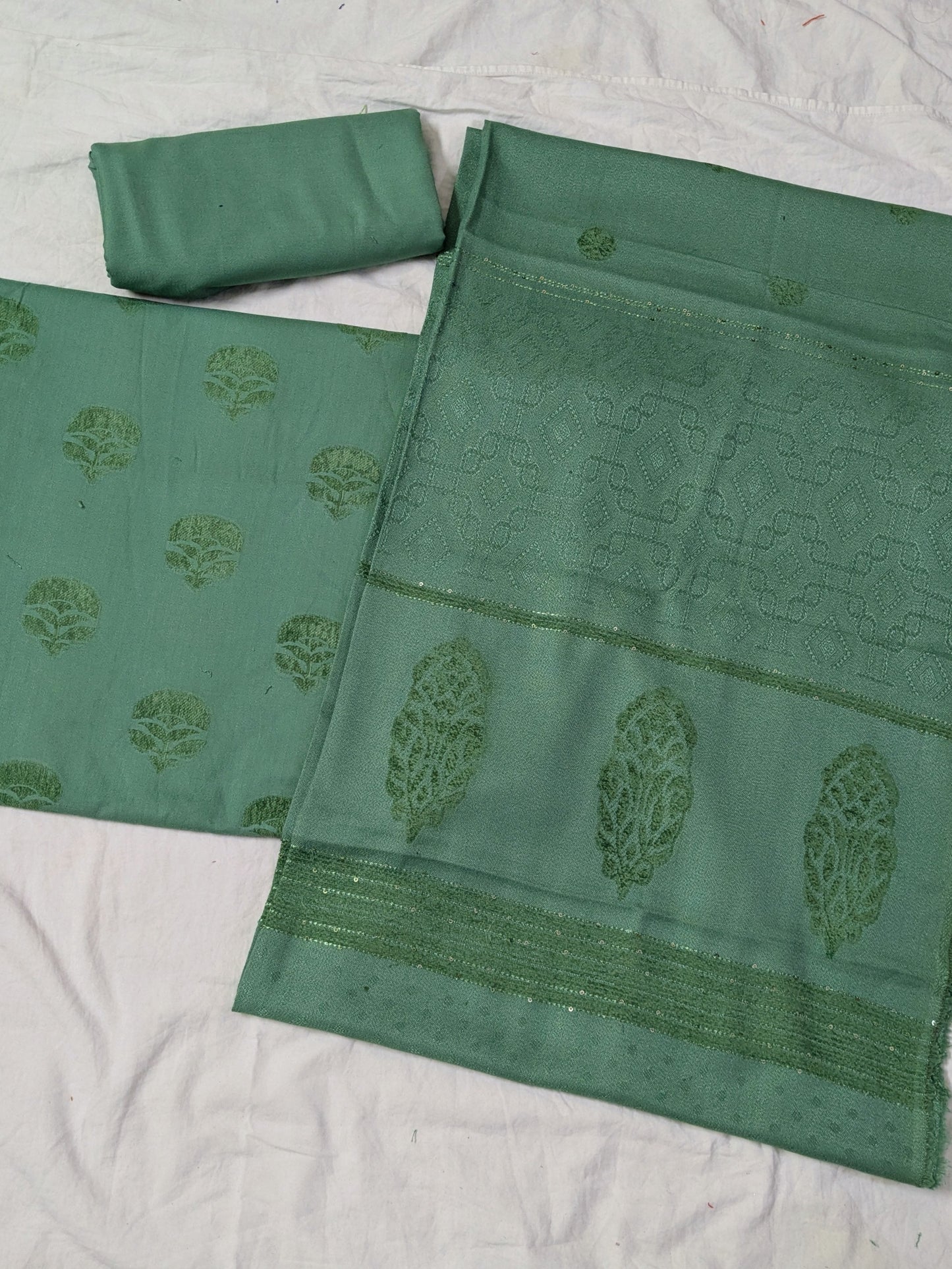 MARINA VELVET MOTIF (EMBOSSED DESIGN) 3PC WITH AMAZING QUALITY VELVET BROSHA SHAWL ( LITE PISTA COLOR)