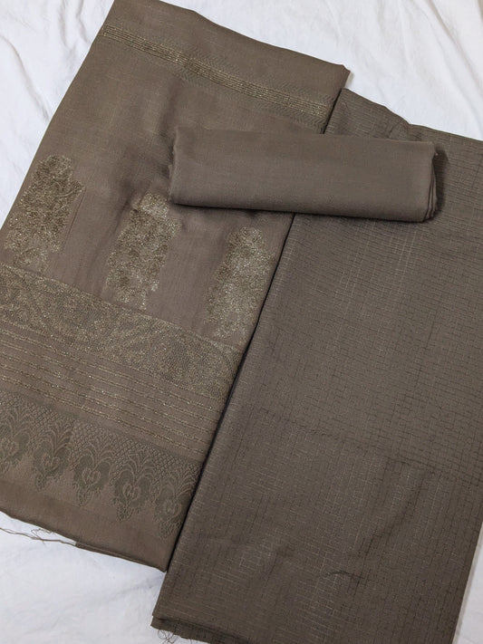 3PC MARINA CHECK VELVET WITH FANCY VELVET BROSHA SHAWL NEW ARRIVAL PREMIUEM QUALITY WINTER COLLECTION (SAND SKIN)