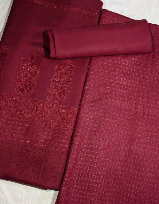 3PC MARINA CHECK VELVET WITH FANCY VELVET BROSHA SHAWL NEW ARRIVAL PREMIUEM QUALITY WINTER COLLECTION (REDISH MAHRON)