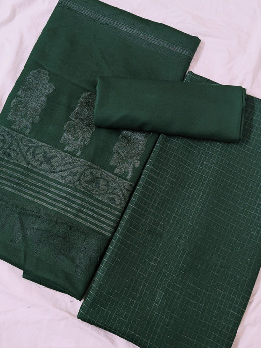 3PC MARINA CHECK VELVET WITH FANCY VELVET BROSHA SHAWL NEW ARRIVAL PREMIUEM QUALITY WINTER COLLECTION (BOTTLE GREEN)
