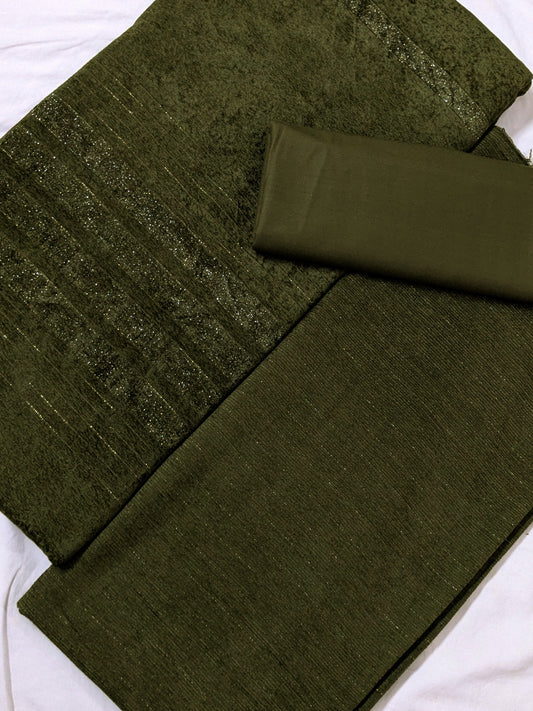 PEACH WOOL VELVET 3PC VERY PREMIUM EXPORT QUALITY WINTER COLLECTION 2025 (MUD GREEN )