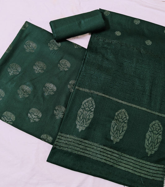 MARINA VELVET MOTIF (EMBOSSED DESIGN) 3PC WITH AMAZING QUALITY VELVET BROSHA SHAWL (BOTTLE GREEN COLOR)