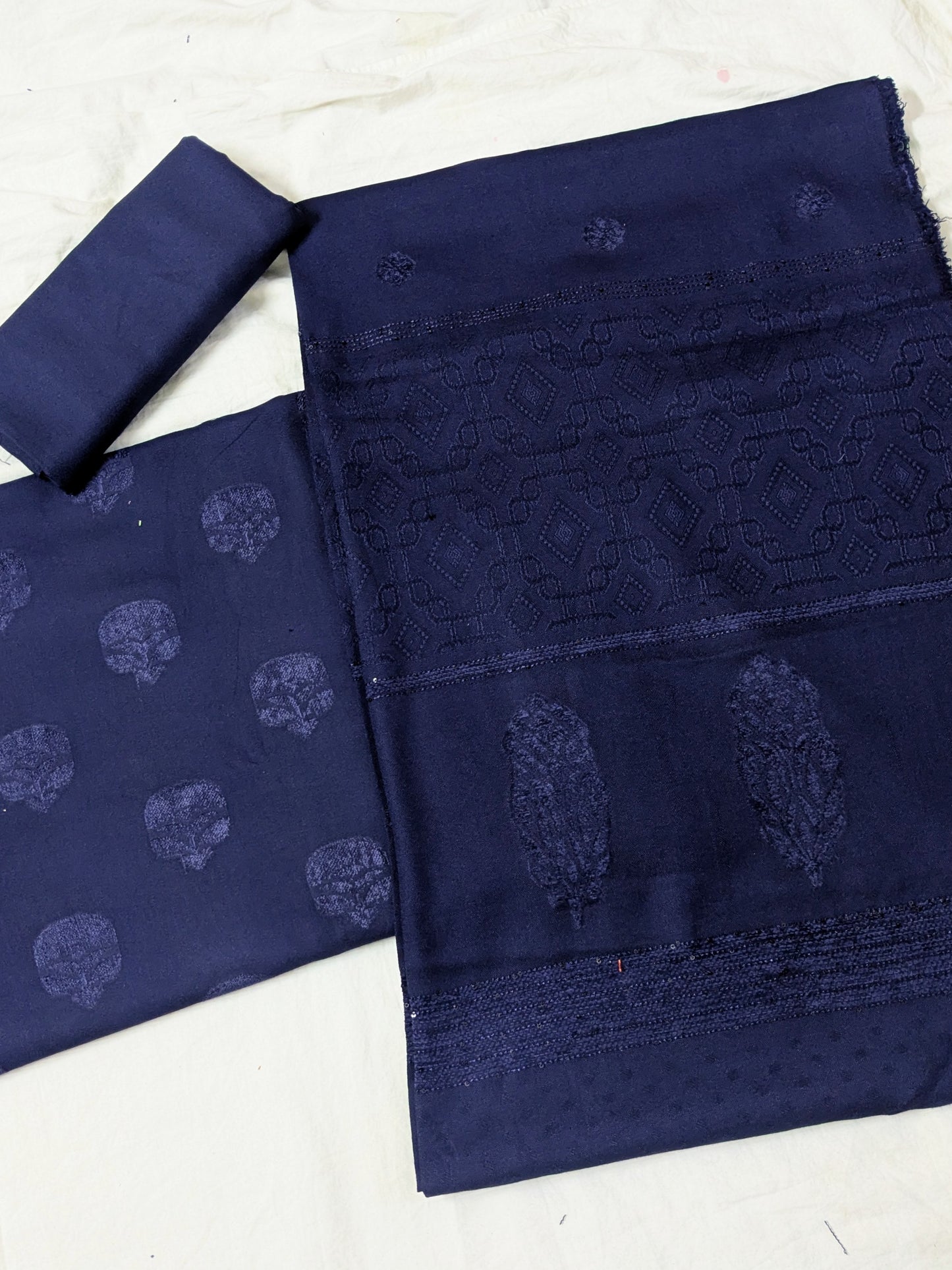 MARINA VELVET MOTIF (EMBOSSED DESIGN) 3PC WITH AMAZING QUALITY VELVET BROSHA SHAWL ( NEVYBLUE COLOR)