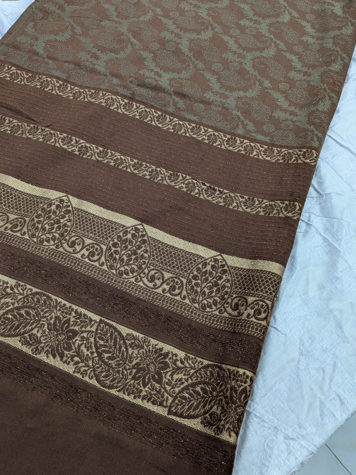 3PC KANI BORDER BANARSI WOOL SHAWL WITH SELF DESIGN SHIRT & TROUSER (CHOCOLATE BROWN)