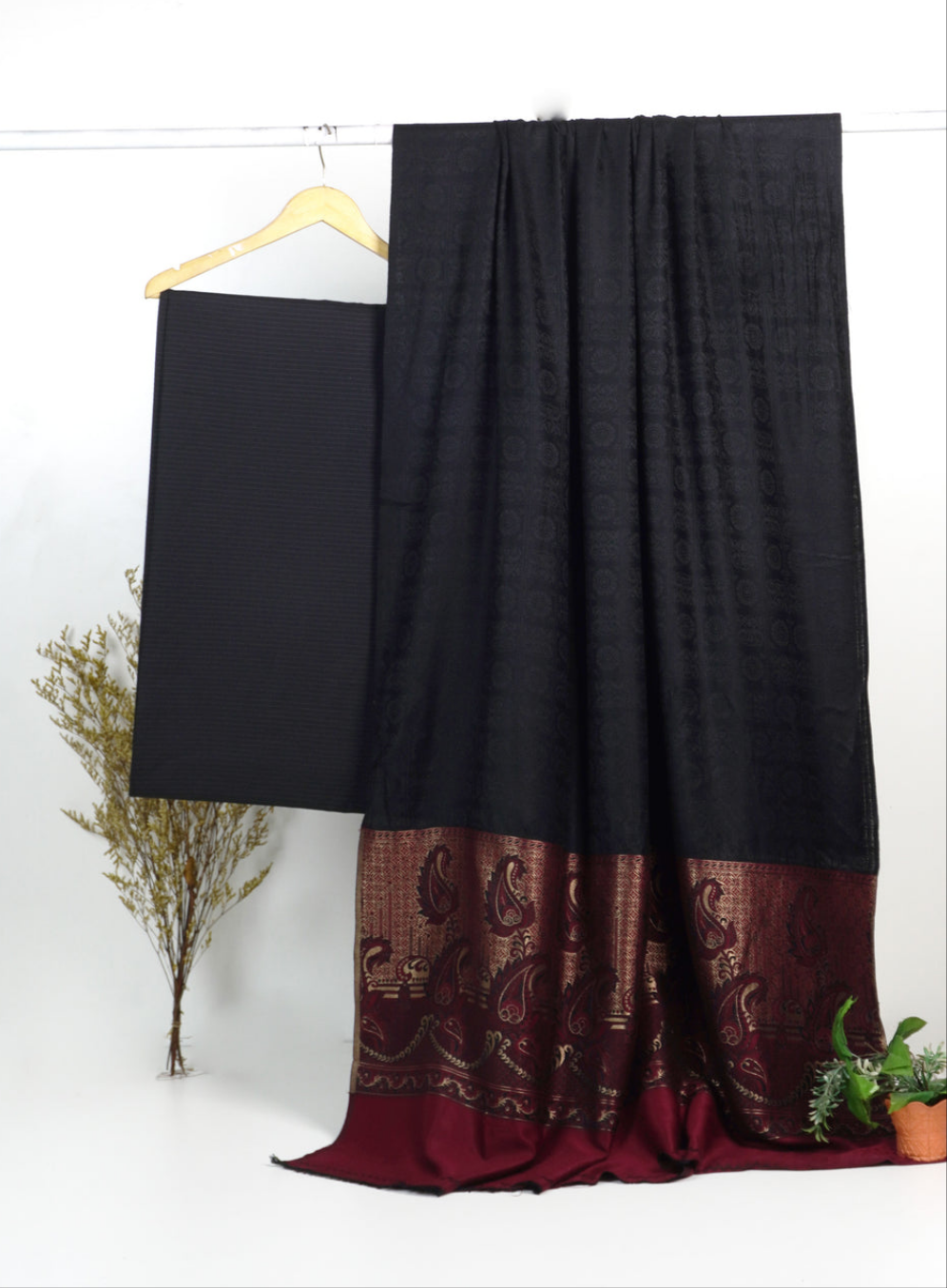 3PC BANA DORA MARINA WITH JAQUARD WOOL SHAWL EXPORT QUALITY WINTER COLLECTION (BLACK COLOR)