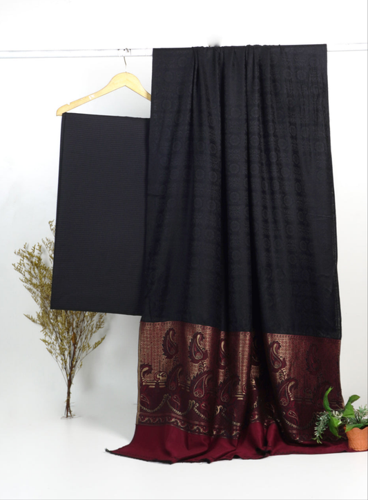 3PC BANA DORA MARINA WITH JAQUARD WOOL SHAWL EXPORT QUALITY WINTER COLLECTION (BLACK COLOR)