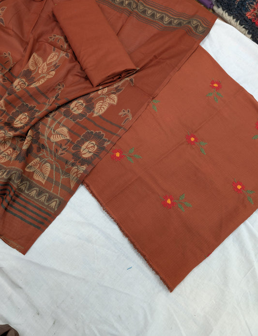 3PC BANA DORA EMBROIDED LAWN WITH BANARSI JAQUARD LAWN DUPATA PREMIUM QUALITY SUMMER COLLECTION (RUST COLOR)