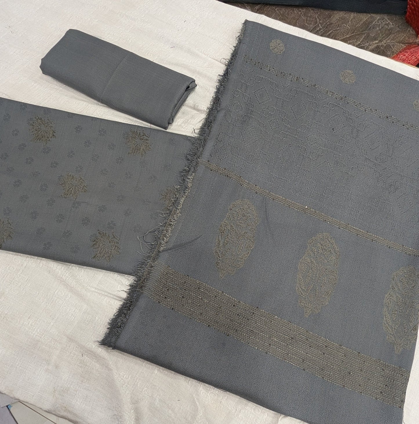 MARINA VELVET MOTIF (EMBOSSED DESIGN) 3PC  WITH AMAZING QUALITY VELVET BROSHA SHAWL (METAL GRAY)