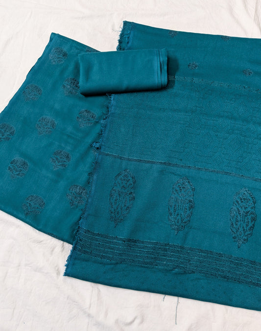 MARINA VELVET MOTIF (EMBOSSED DESIGN ) 3PC WITH AMAZING QUALITY VELVET BROSHA SHAWL  (SEA GREEN )