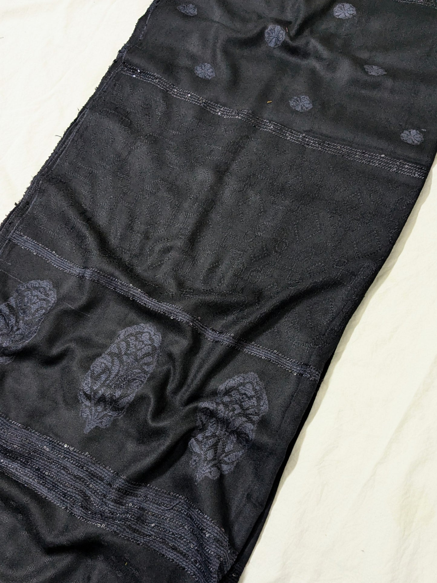 MARINA VELVET MOTIF (EMBOSSED DESIGN) 3PC  WITH AMAZING QUALITY VELVET BROSHA SHAWL (BLACK)