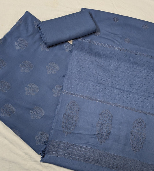 MARINA VELVET MOTIF (EMBOSSED DESIGN) 3PC WITH AMAZING QUALITY VELVET BROSHA SHAWL (MIDNIGHT BLUE COLOR)