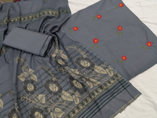 3PC BANA DORA EMBROIDED LAWN WITH BANARSI JAQUARD LAWN DUPATA PREMIUM QUALITY SUMMER COLLECTION (GRAY)