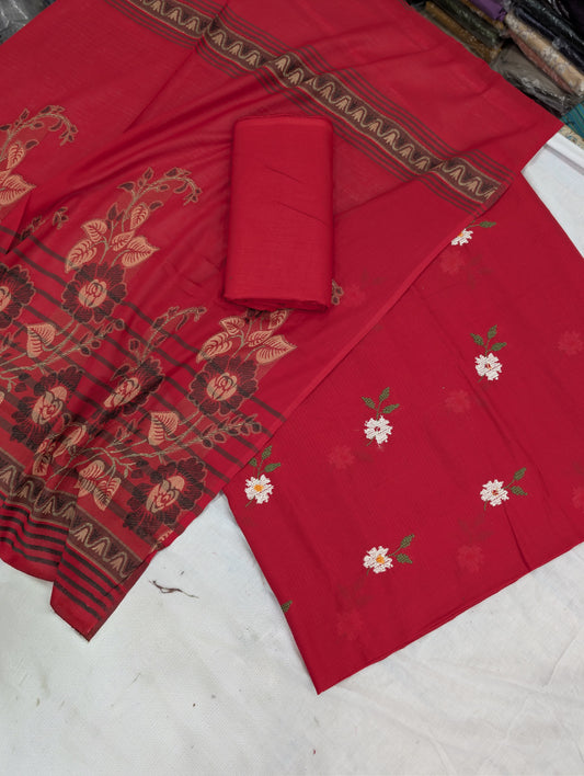 3PC BANA DORA EMBROIDED LAWN WITH BANARSI JAQUARD LAWN DUPATA PREMIUM QUALITY SUMMER COLLECTION (RED COLOR)