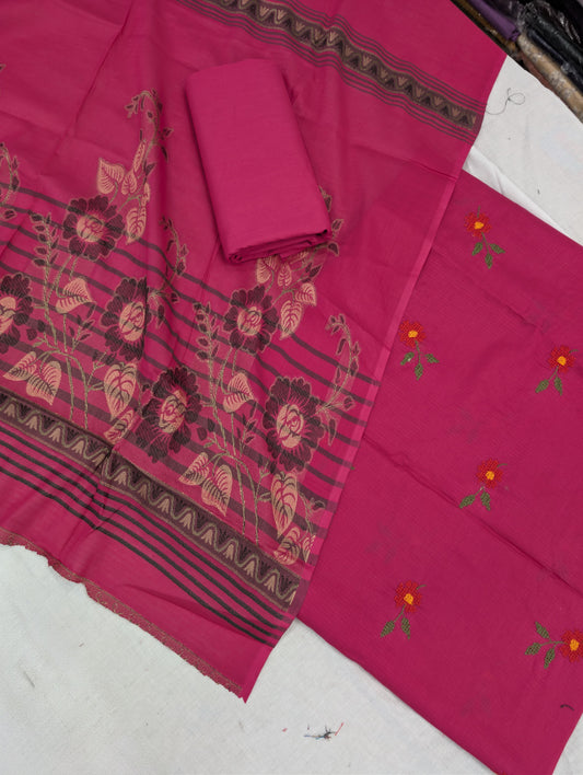 3PC BANA DORA EMBROIDED LAWN WITH BANARSI JAQUARD LAWN DUPATA PREMIUM QUALITY SUMMER COLLECTION (SHOCKING PINK)