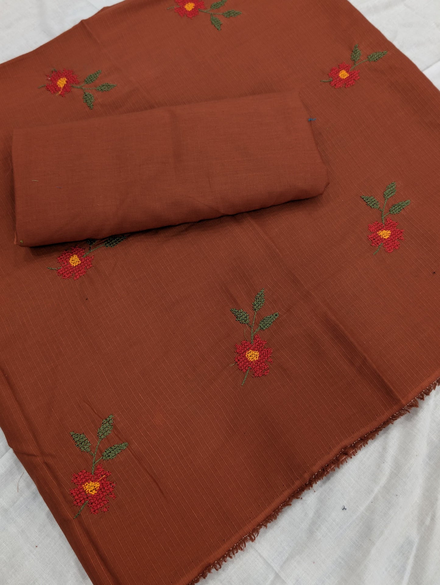 3PC BANA DORA EMBROIDED LAWN WITH BANARSI JAQUARD LAWN DUPATA PREMIUM QUALITY SUMMER COLLECTION (RUST COLOR)