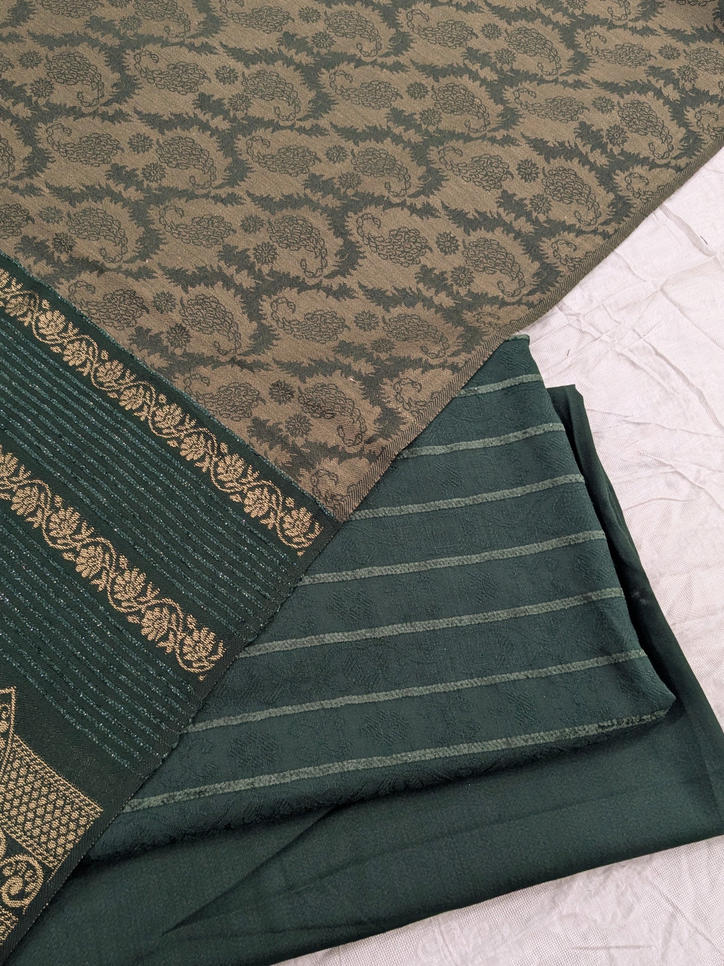 3PC KANI BORDER BANARSI WOOL SHAWL WITH SELF DESIGN SHIRT & TROUSER( BOTTLE GREEN)