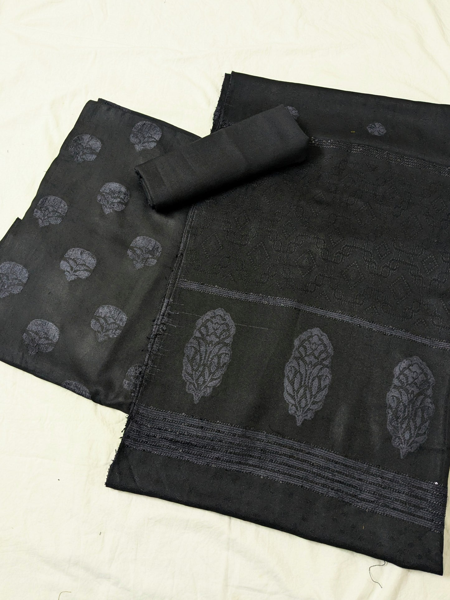 MARINA VELVET MOTIF (EMBOSSED DESIGN) 3PC  WITH AMAZING QUALITY VELVET BROSHA SHAWL (BLACK)
