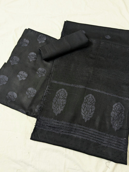 MARINA VELVET MOTIF (EMBOSSED DESIGN) 3PC  WITH AMAZING QUALITY VELVET BROSHA SHAWL (BLACK)