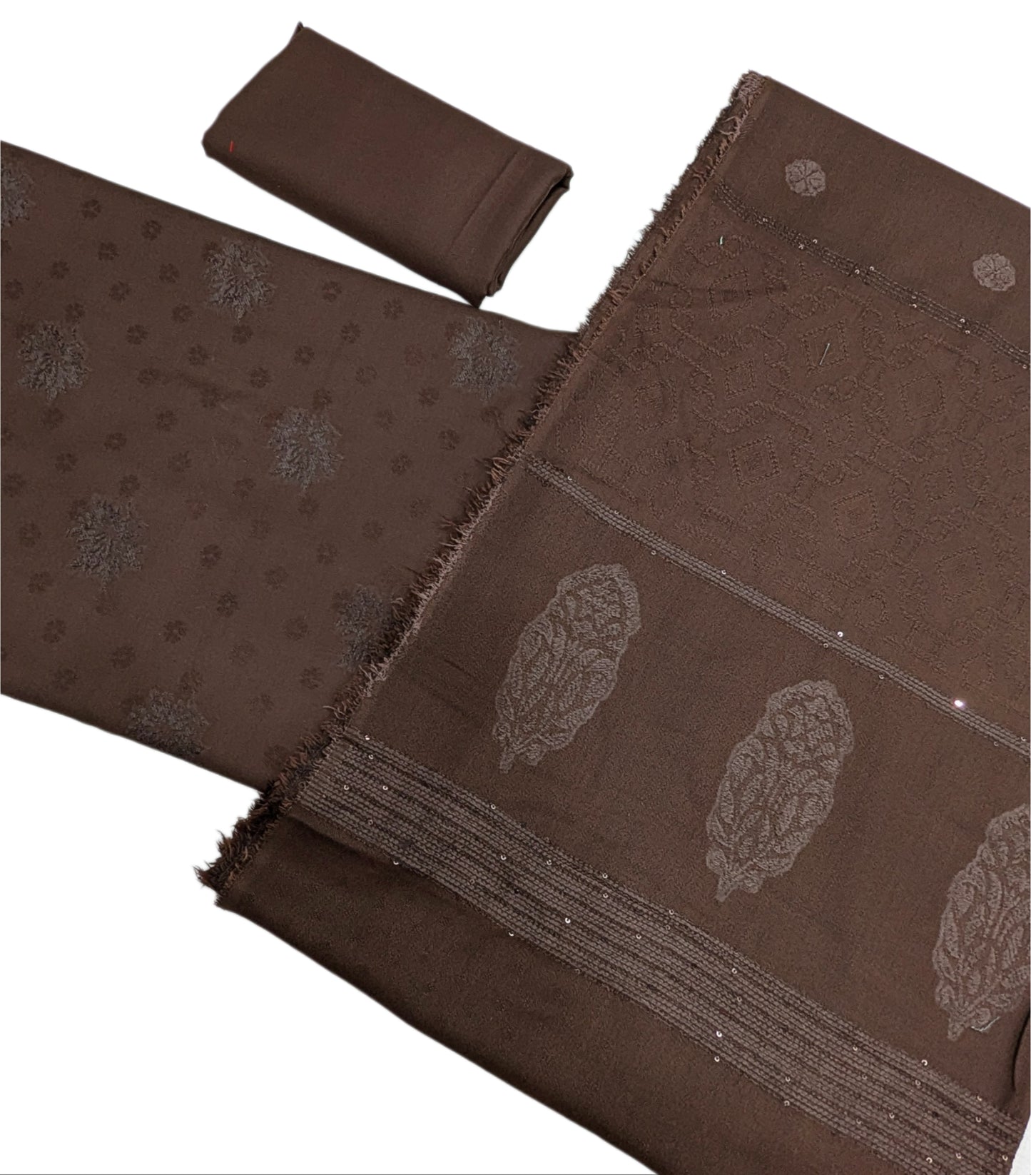 MARINA VELVET MOTIF (EMBOSSED DESIGN) 3PC WITH AMAZING QUALITY VELVET BROSHA SHAWL (CHOCOLATE BROWN COLOR)