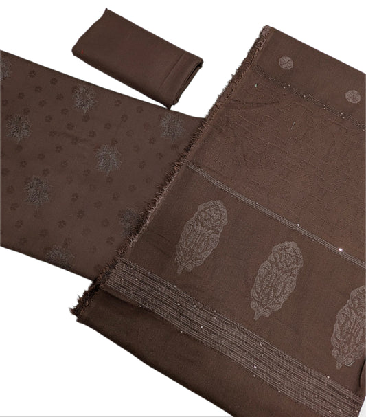 MARINA VELVET MOTIF (EMBOSSED DESIGN) 3PC WITH AMAZING QUALITY VELVET BROSHA SHAWL (CHOCOLATE BROWN COLOR)