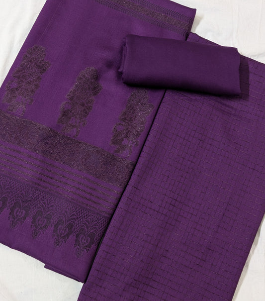 3PC MARINA CHECK VELVET WITH FANCY VELVET BROSHA SHAWL NEW ARRIVAL PREMIUEM QUALITY WINTER COLLECTION (DARK PURPLE)