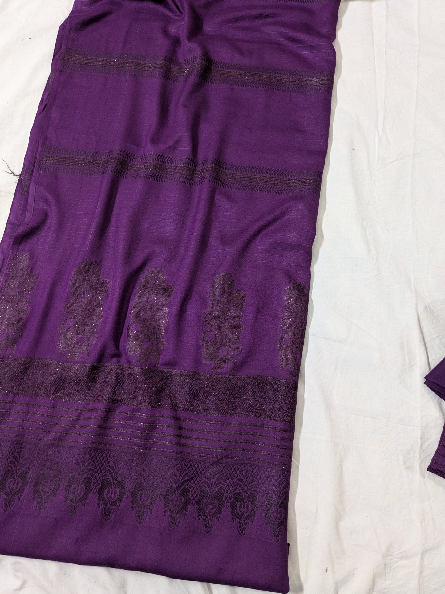 3PC MARINA CHECK VELVET WITH FANCY VELVET BROSHA SHAWL NEW ARRIVAL PREMIUEM QUALITY WINTER COLLECTION (DARK PURPLE)