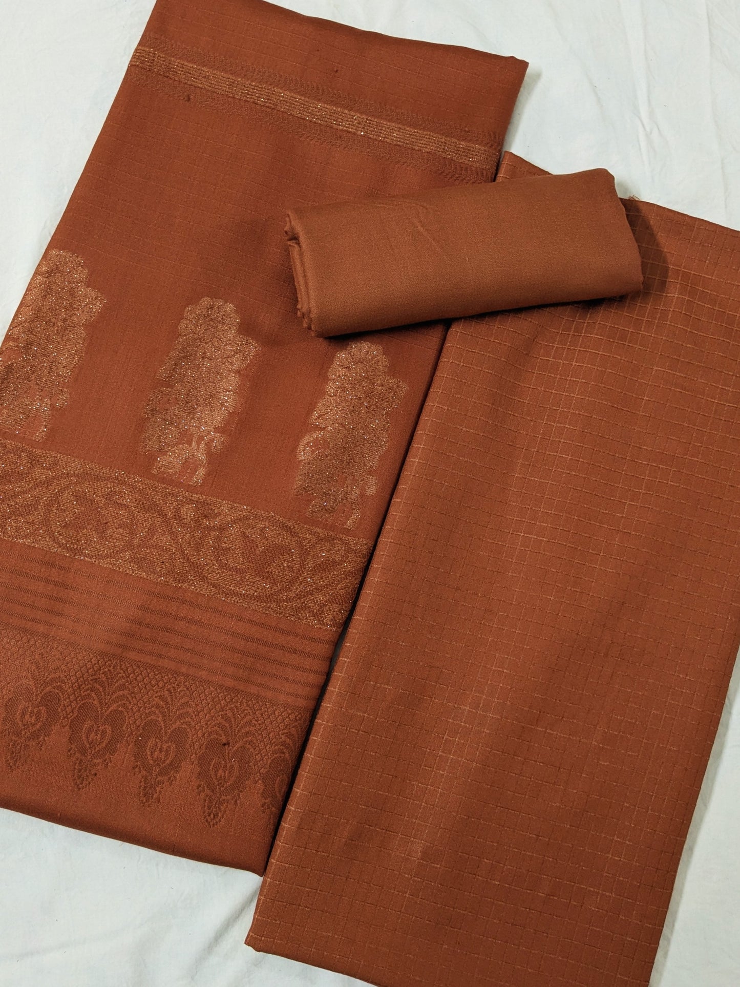 3PC MARINA CHECK VELVET WITH FANCY VELVET BROSHA SHAWL NEW ARRIVAL PREMIUEM QUALITY WINTER COLLECTION (RUST COLOR)