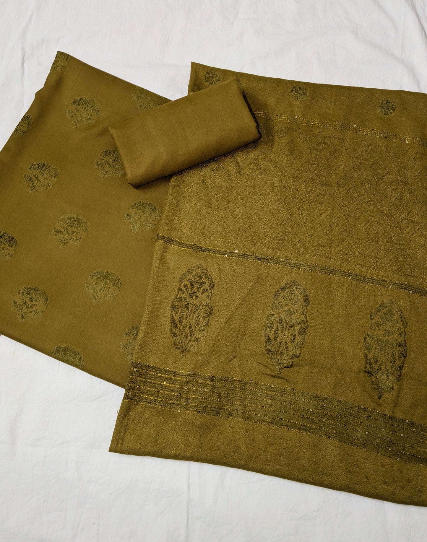 MARINA VELVET MOTIF (EMBOSSED DESIGN) 3PC WITH AMAZING QUALITY VELVET BROSHA SHAWL (DARK MEHNDI)
