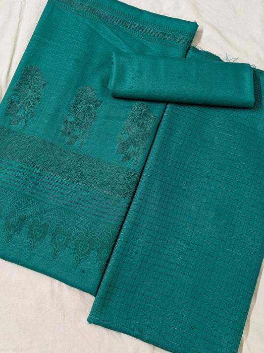 3PC MARINA CHECK VELVET WITH FANCY VELVET BROSHA SHAWL NEW ARRIVAL PREMIUEM QUALITY WINTER COLLECTION (SEA GREEN)