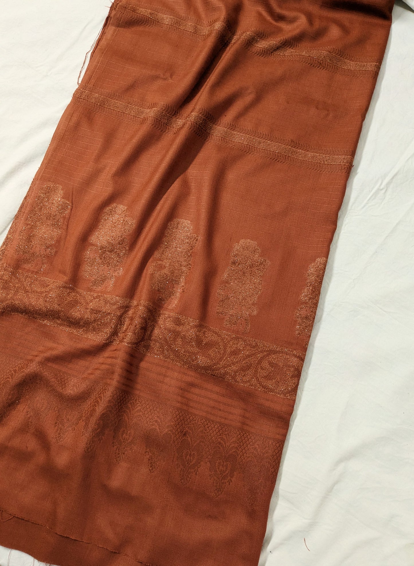 3PC MARINA CHECK VELVET WITH FANCY VELVET BROSHA SHAWL NEW ARRIVAL PREMIUEM QUALITY WINTER COLLECTION (RUST COLOR)