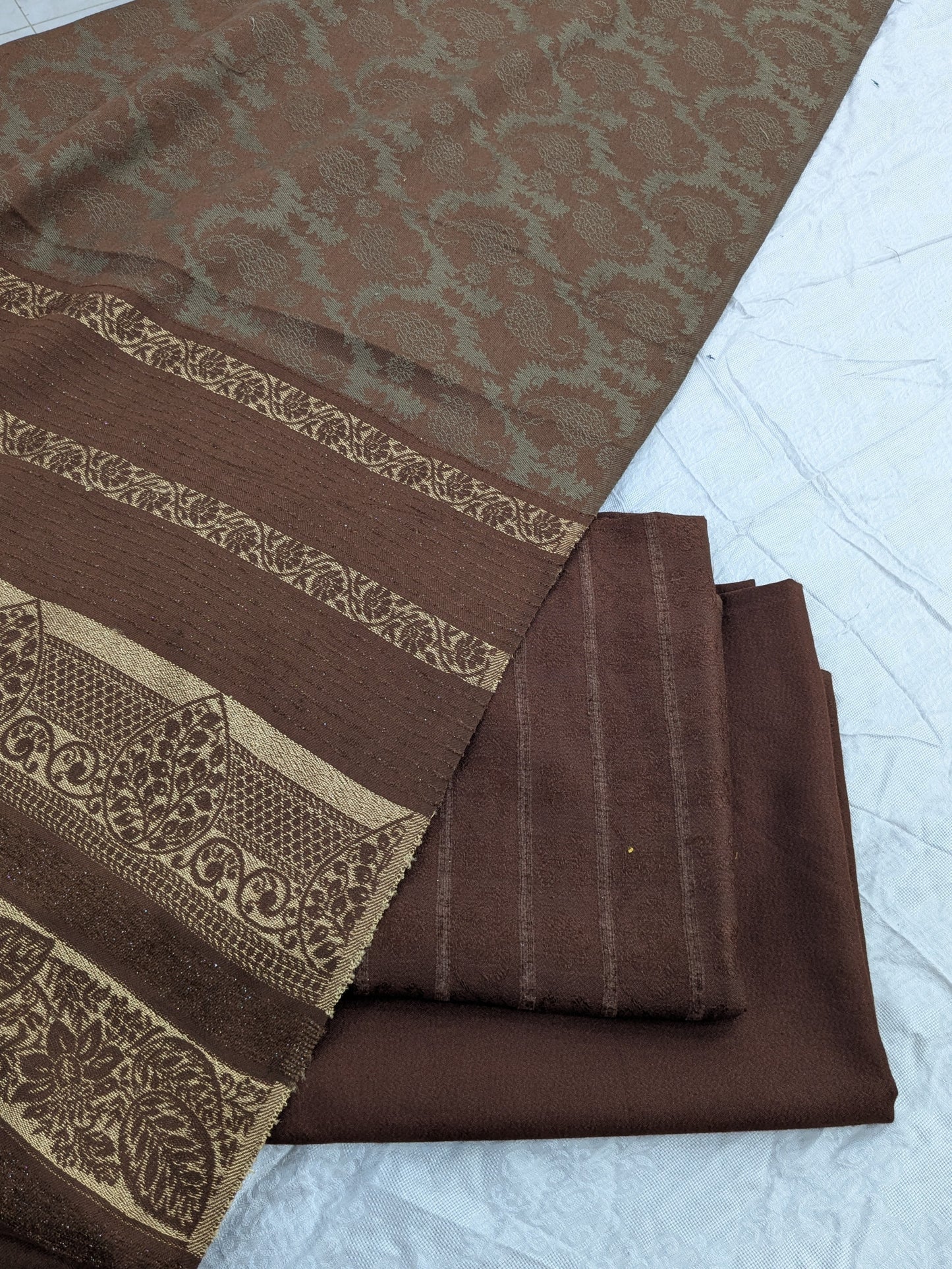3PC KANI BORDER BANARSI WOOL SHAWL WITH SELF DESIGN SHIRT & TROUSER (CHOCOLATE BROWN)