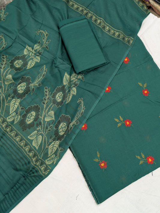 3PC BANA DORA EMBROIDED LAWN WITH BANARSI JAQUARD LAWN DUPATA PREMIUM QUALITY SUMMER COLLECTION (BOTTLE GREEN)