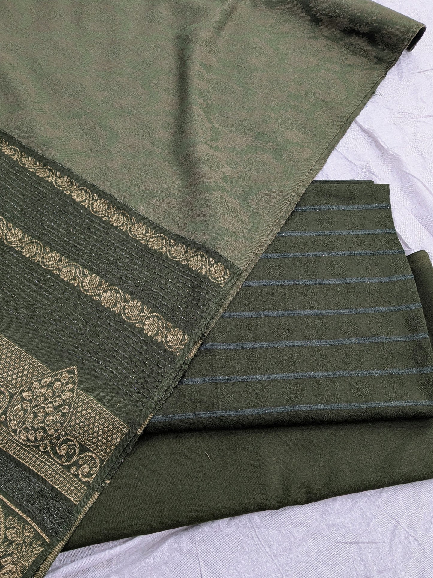 3PC KANI BORDER BANARSI WOOL SHAWL WITH SELF DESIGN SHIRT & TROUSER (MUD GREEN COLOR)