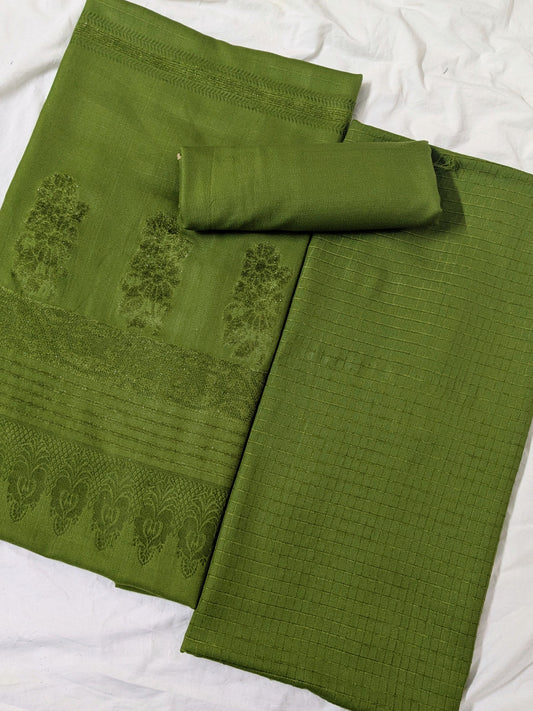 3PC MARINA CHECK VELVET WITH FANCY VELVET BROSHA SHAWL NEW ARRIVAL PREMIUEM QUALITY WINTER COLLECTION (PARROT GREEN)