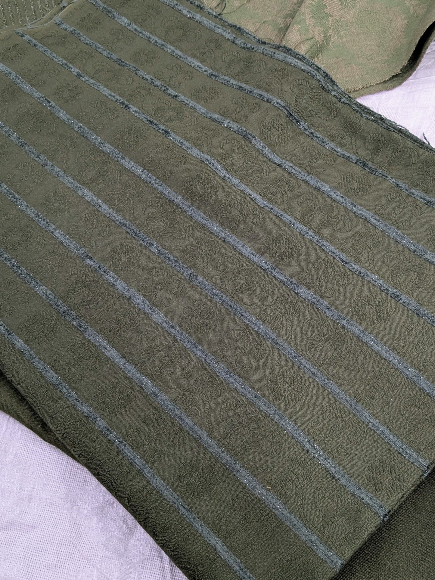 3PC KANI BORDER BANARSI WOOL SHAWL WITH SELF DESIGN SHIRT & TROUSER (MUD GREEN COLOR)