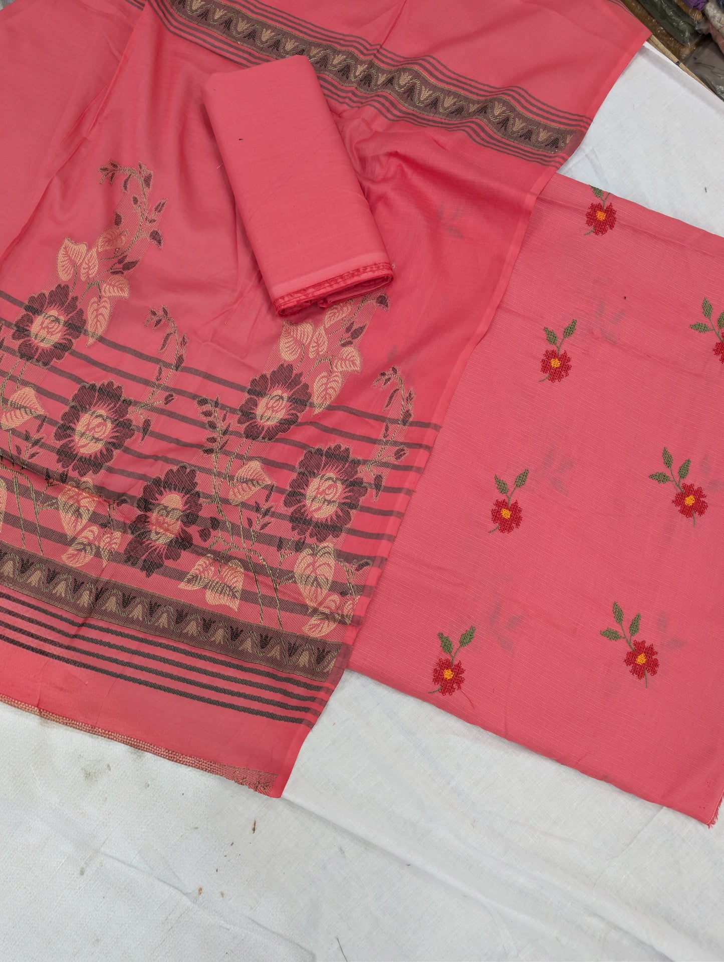 3PC BANA DORA EMBROIDED LAWN WITH BANARSI JAQUARD LAWN DUPATA PREMIUM QUALITY SUMMER COLLECTION (CARROT COLOR)